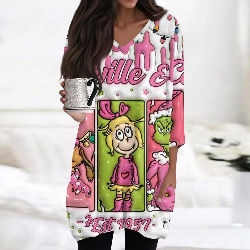 Женские топы с V-образным вырезом и рукавом 3/4, повседневные блузки средней длины, модные туники с рождественским принтом и карманами