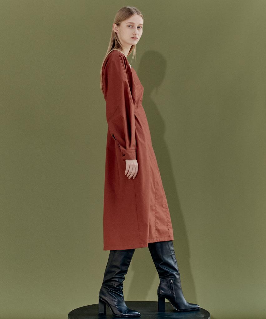 EN OR Volume Sleeve Tuck Dress - Orange