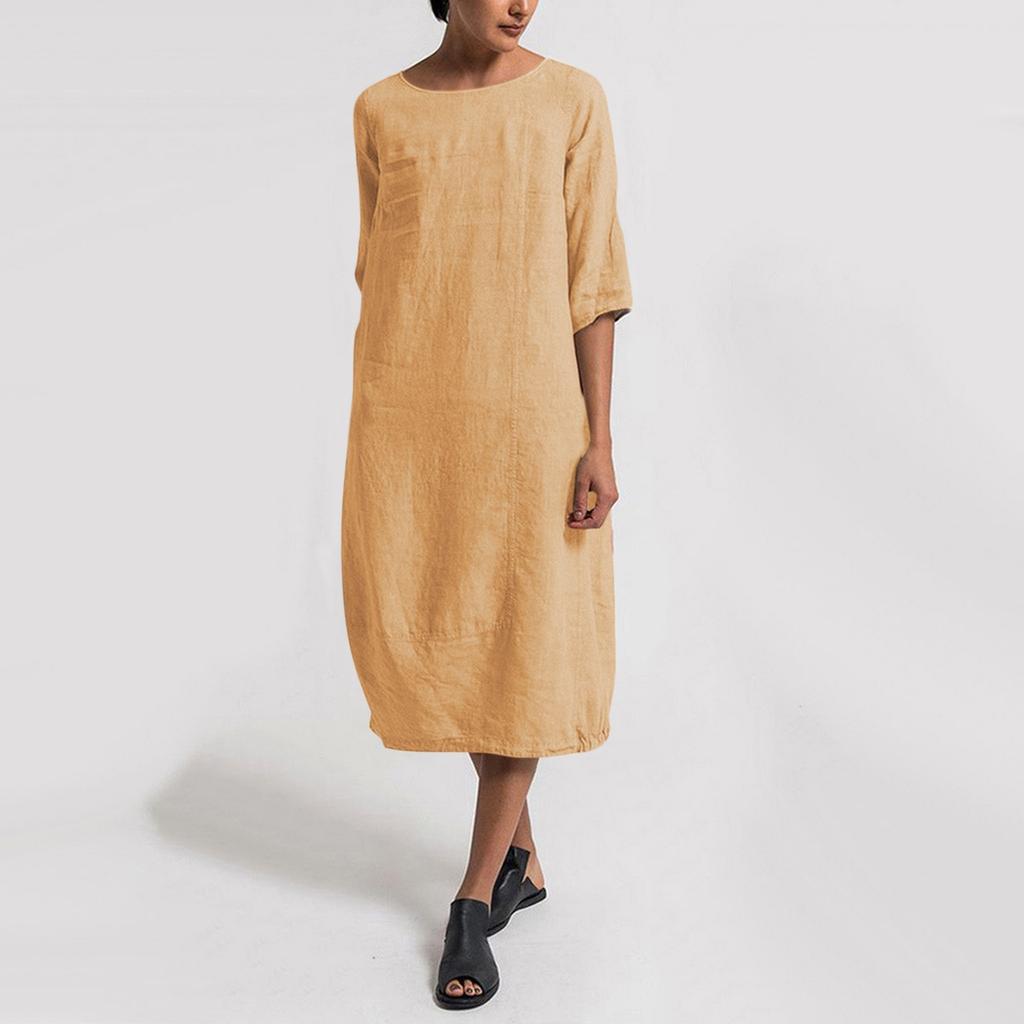 Women's Casual Loose Cotton Linen Mid Sleeve Round Neck Large Size Dress