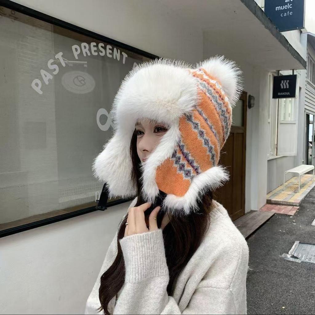 Women's winter velvet thickened warm Lei Feng hat ethnic style knitted jacquard ear protector Northeast cold-proof versatile baotou hat