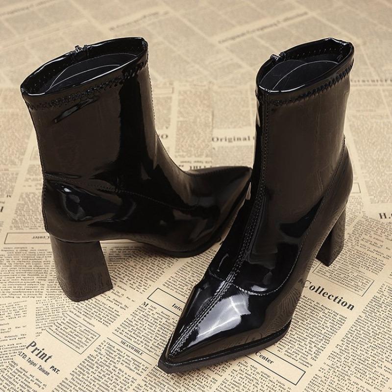 Brown Boots Women Round Toe Block Low Heel Chelsea Boots Black Slip On Patent Leather Ankle Boots Comfortable Non-slip Shoes