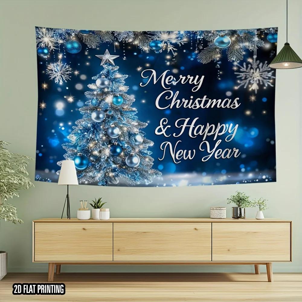 One 2D flat-printed blue Christmas tree festive photography background party banner easy to hang for festive partiesZL