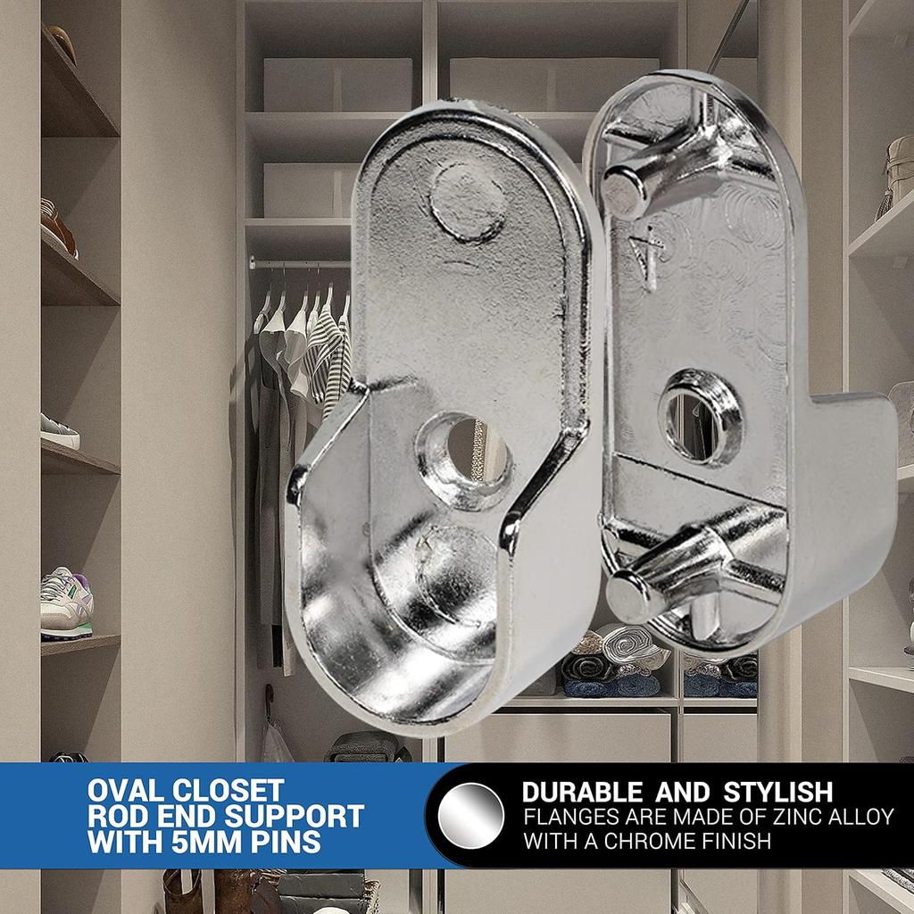 Rok Hardware Chrome 1-3/16" (30 mm) x 19/32" (15mm) Oval Closet Rod End Support with 3/16" (5mm) P 30X15X5MMCH (2 Pack)