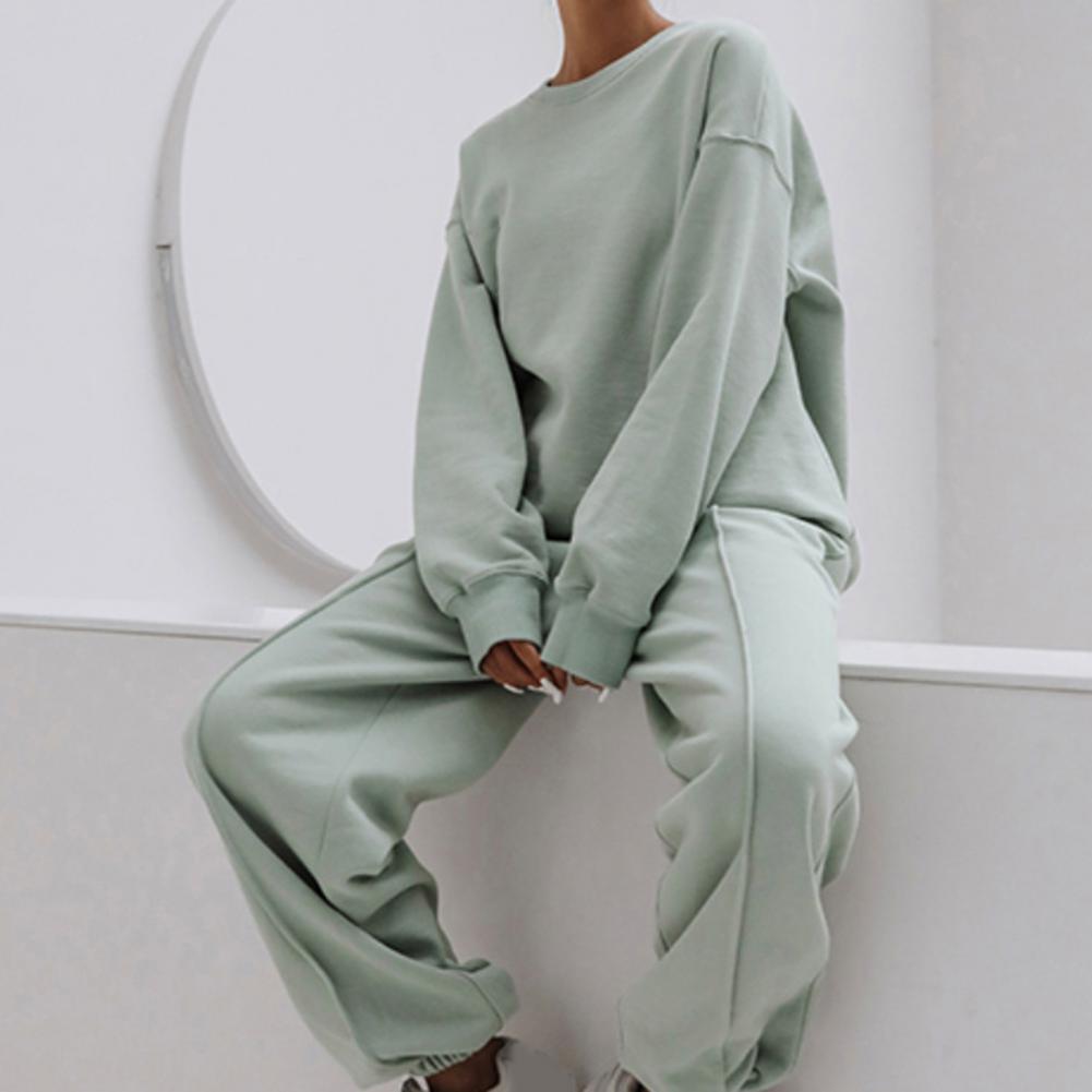 Женская однотонная блузка с длинным рукавом и круглым вырезом, топ, штаны на шнурке, спортивный костюм, спортивные рубашки, весенне-осенний комплект, спортивный костюм для женщин