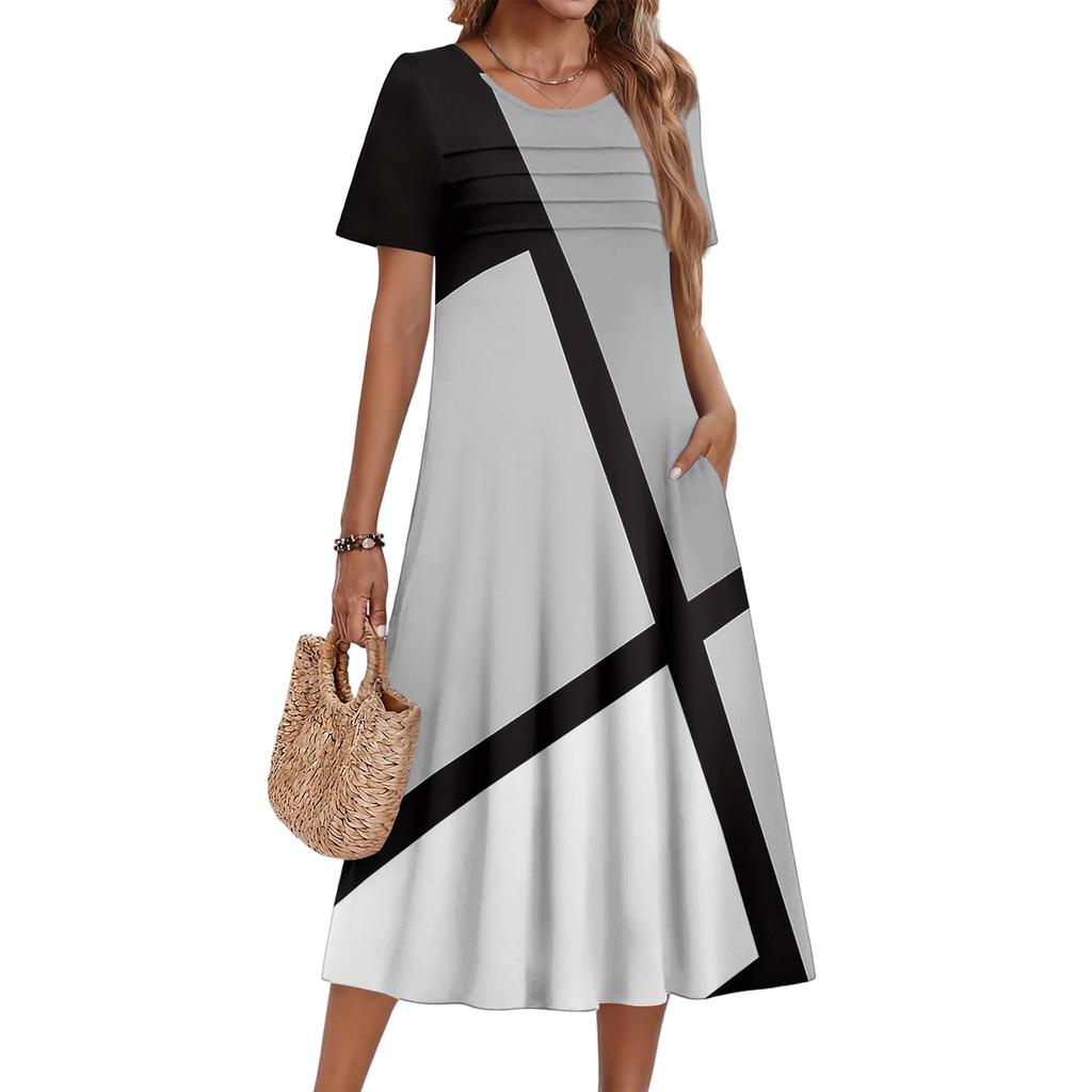 Женское повседневное и модное платье с цветочным принтом, короткими рукавами и круглым вырезом.