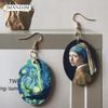 Retro Oil Painting Style Girl Oval Wooden Drop Earrings For Women