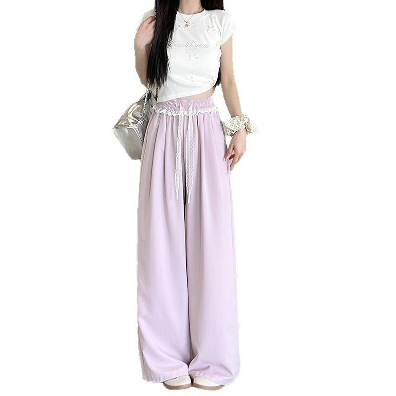 Lace-edged Ice Silk Wide-leg Pants Women's Summer Thin High-waisted Thin Loose-fitting Straight-leg Pants Casual Mopping Pants