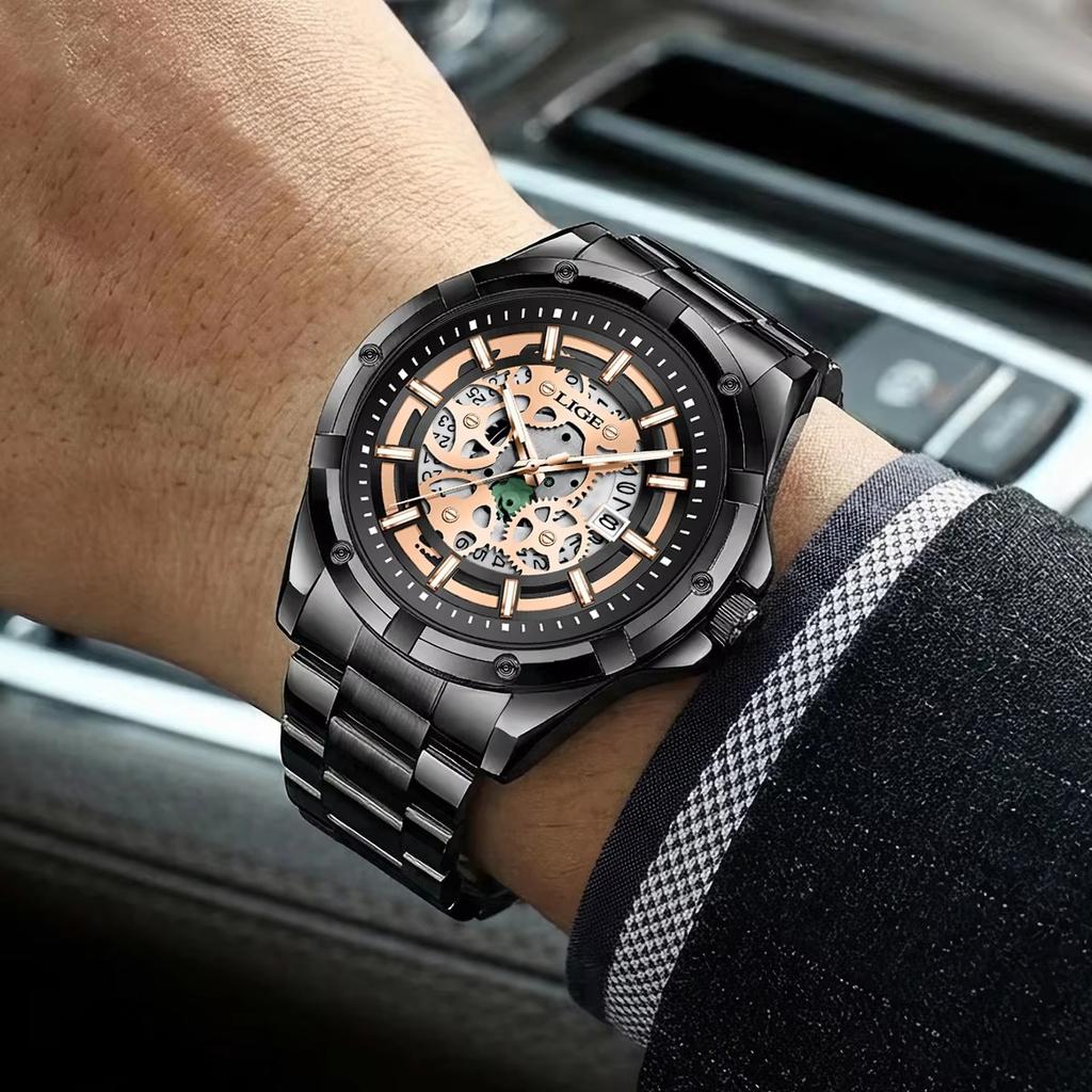 Mens Quartz Watches Top Brand Luxury Stainless Steel Waterproof Hollow Out Male Wristwatches