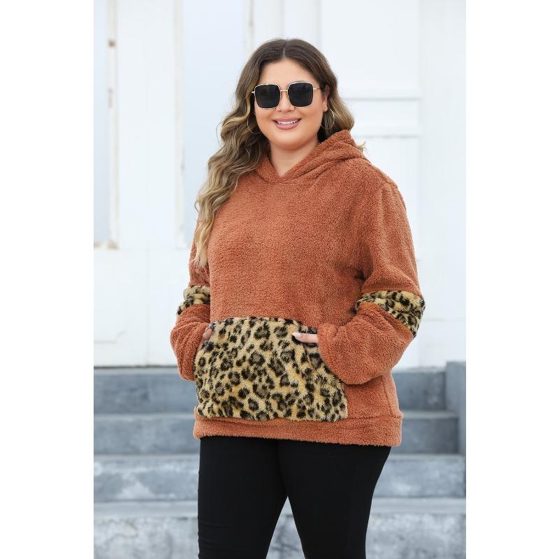 Women's Plus Size Hooded Leopard Print Pocket Patchwork Plush Hoodie