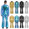 Mens 70s Disco Metallic Shiny Jumpsuit Lapel Flare Sleeve Front Zipper Wide Leg Pants One Piece Rompers for Vintage Raves Halloween