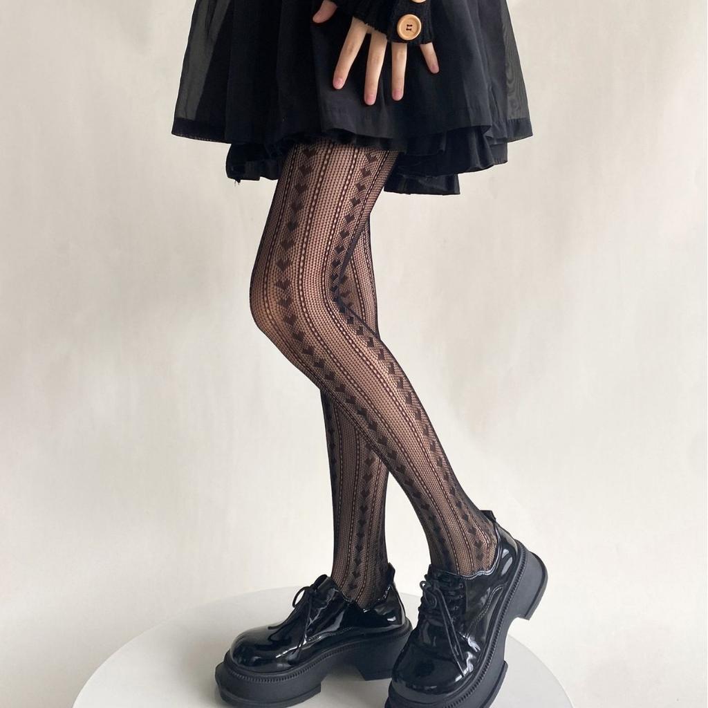 Сетчатые колготки с принтом в виде сердца, ажурные кружевные нейлоновые колготки в стиле Лолиты, чулки, нижнее белье, чулочно-носочные изделия, женские колготки в японском стиле