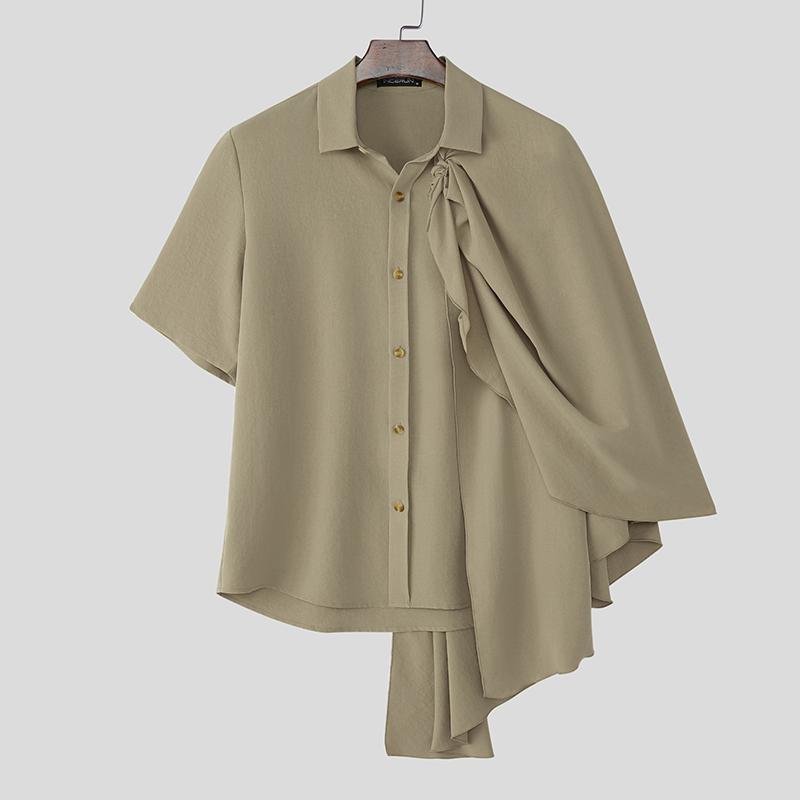 INCERUN Мужские рубашки с воротником-лацканом, коротким рукавом, пуговицами, оборками и слоями в стиле пэчворк, повседневные рубашки-накидки