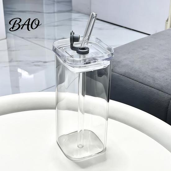 Versatile Glass Cups for Smoothies Cup with Lid And Straw, Square Clear Borosilicate Heat Stylish Parties Events Resistant Tumbler, Portable Drinking