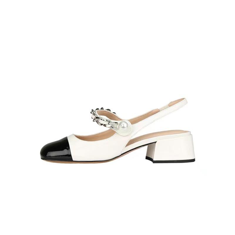 Кожаные туфли Мэри Джейн в тон, женские, весна-лето 2025, новые, с жемчужной цепочкой, с закрытым носком, на толстом каблуке, темпераментные, с открытой пяткой, сандалии