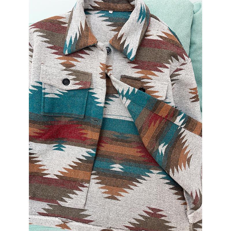 Куртка с лацканами, однобортная куртка, жаккардовое пальто с геометрическим рисунком, пальто в этническом стиле, женское шерстяное плотное пальто, осеннее и зимнее пальто