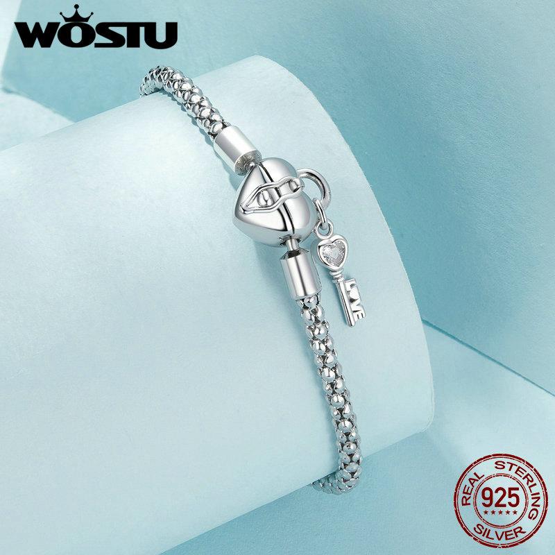 WOSTU Solid 925 Silver Heart Lock Key Basic Chain Bangle Bracelet For DIY Charm Beads Snake Chain Links Jewelry Gift