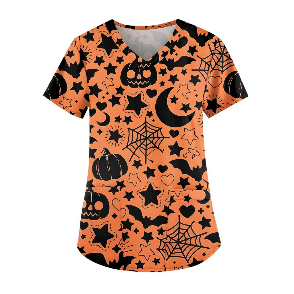 Женская мода V-образный вырез повседневные Хэллоуин принтованные топы с карманами рабочая одежда