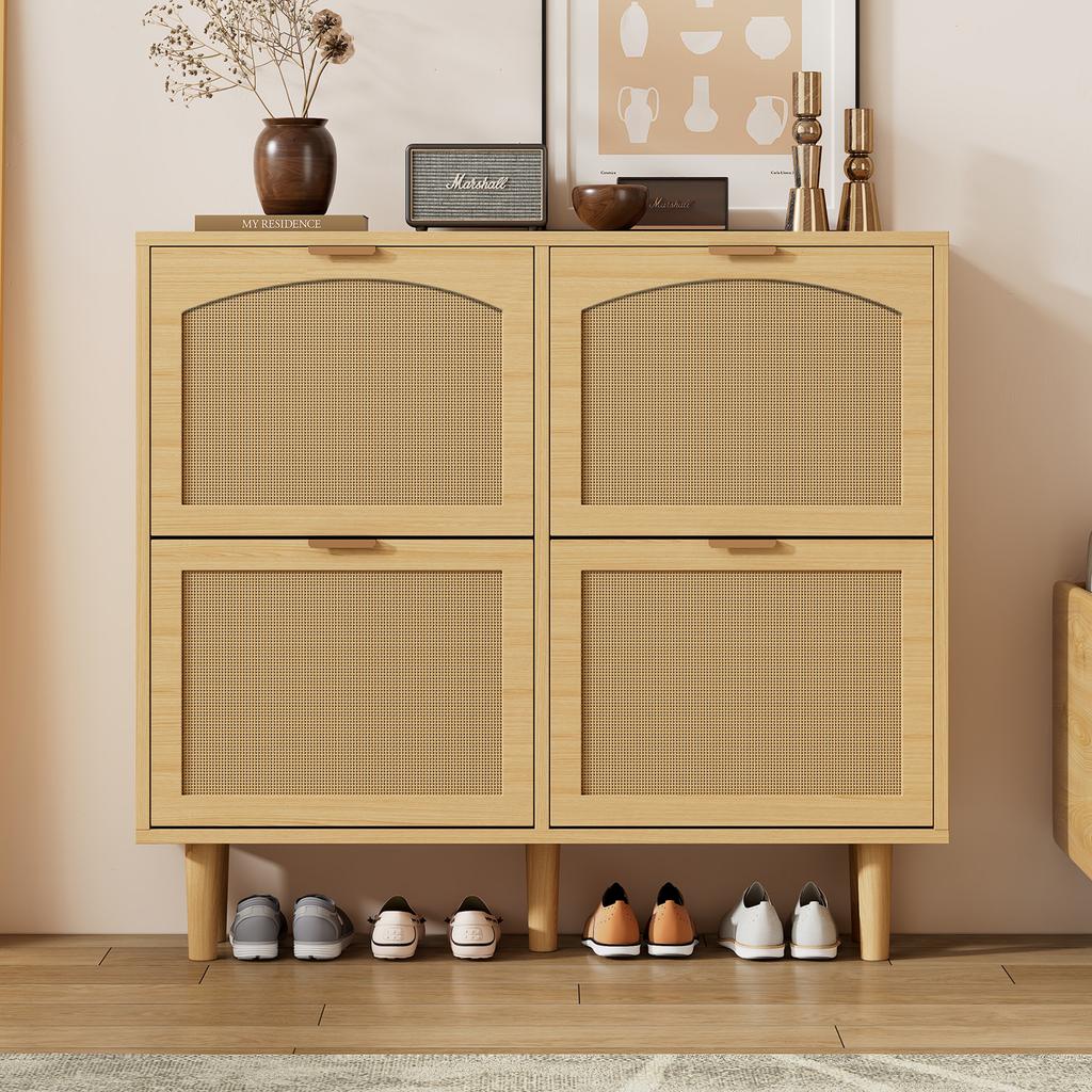 Shoe cabinet with 4 flip-down drawers, rattan with metal handles, for hallway, bedroom, apartment, country style, dimensions: 100 x 25 x 90 cm