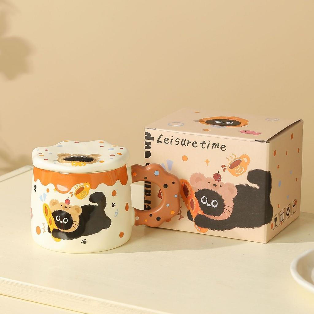 Cat Embossed Lid Mug High Looking Ceramic Cup Creative Souvenir Breakfast Milk Girl Water Cup Gift