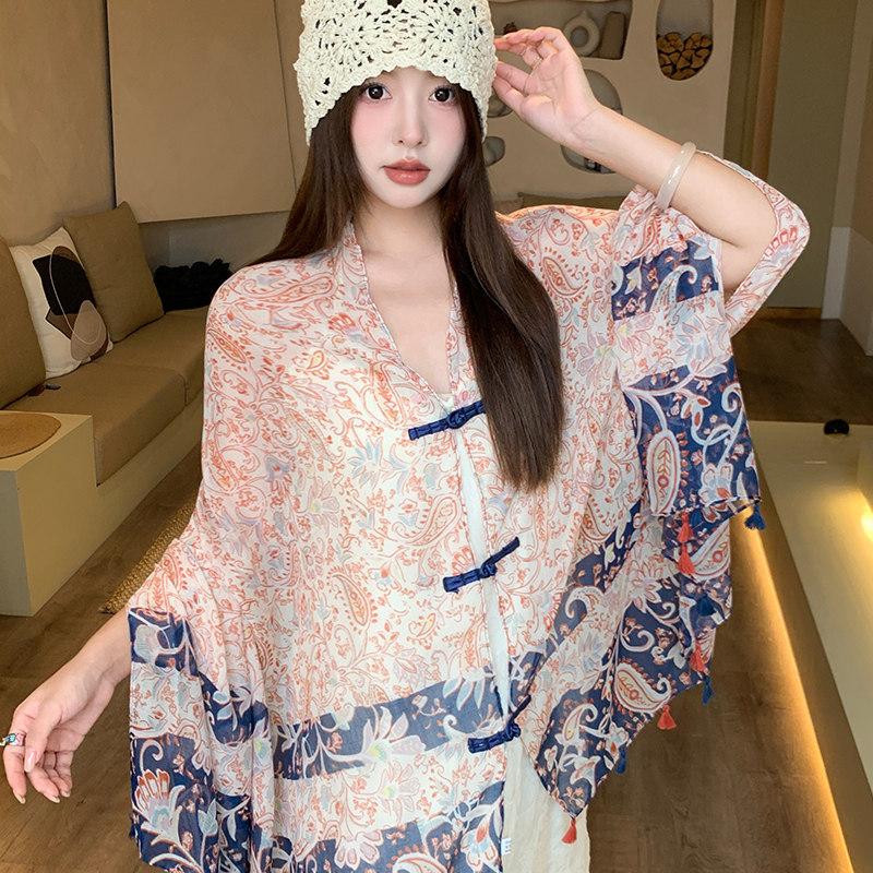 Ethnic style buckle blue shawl summer outside tie-dye cape seaside photo sunscreen silk scarf versatile scarf women