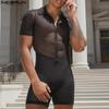 INCERUN Men Short Sleeve Mesh Sheer Patchwork Fitted Jumpsuits Pajamas Underwear