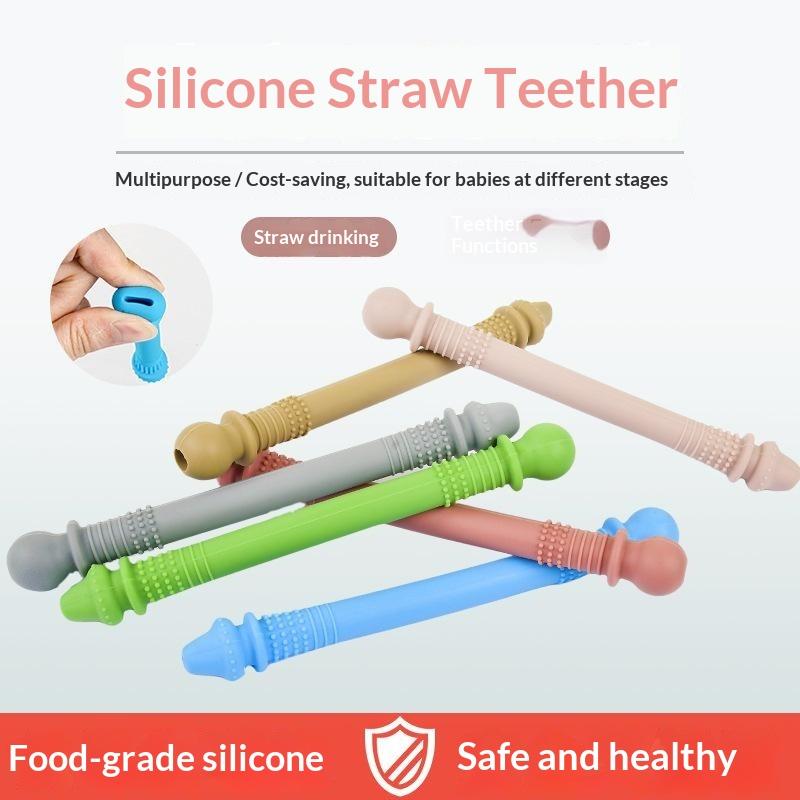 Silicone Kid Chewing Tube Pacifier Teeth Massager Hollow Molar Straw Oral Training Baby Teether Toy