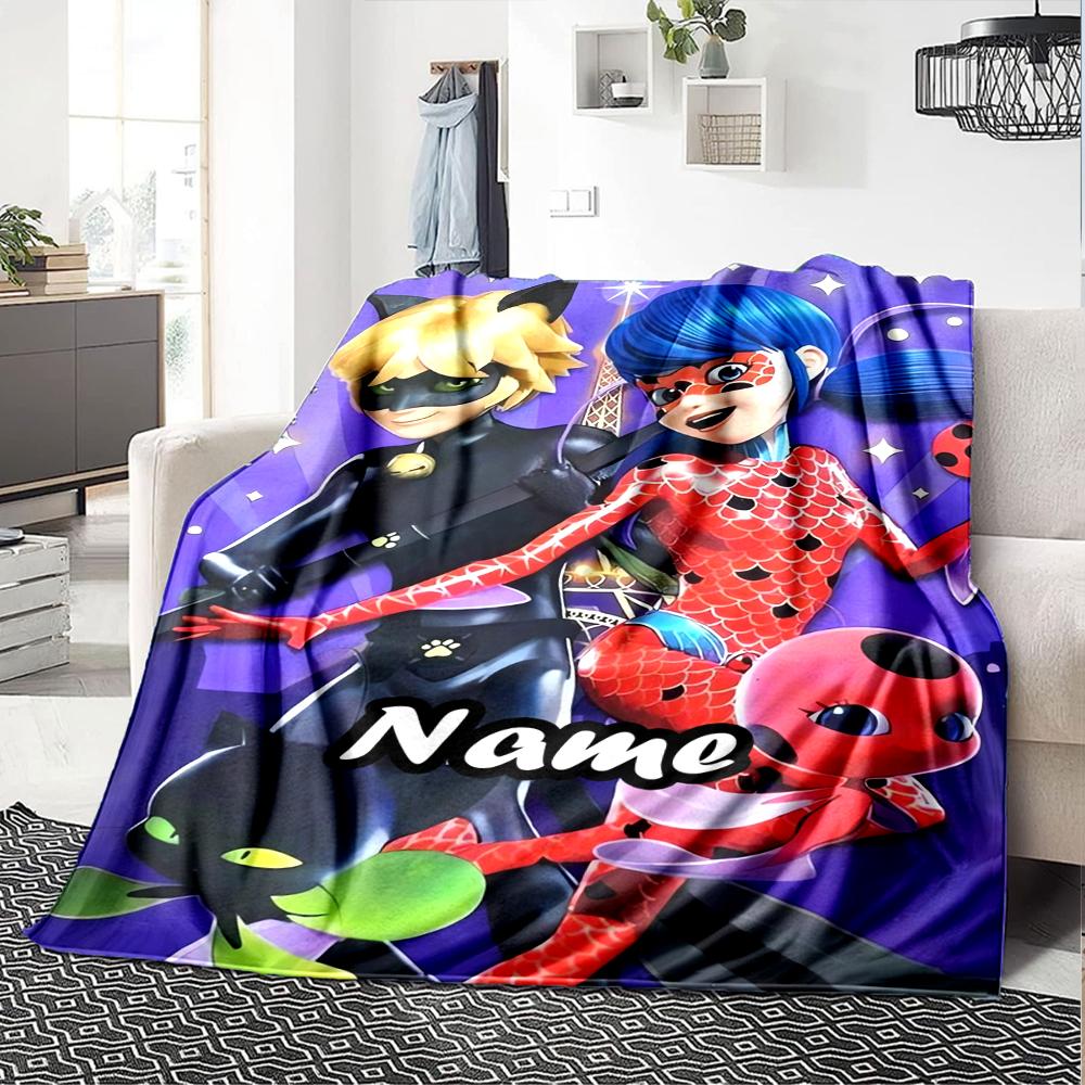 Custom Name Miraculous Tales of Ladybug Cat Noir Theme Printed Blanket - Perfect for Couch, Bed, Travel & Outdoor Use | Machine Washable, Cozy & Durab
