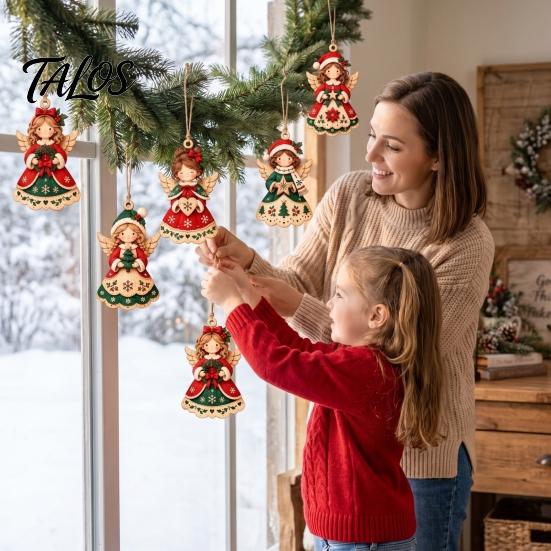 Indoor Christmas Window Decorations 6Pcs Wooden Angel Ornaments, 2D Flat Hanging Ornaments with Hemp Rope, Rustic Home Decor Retro Pendants