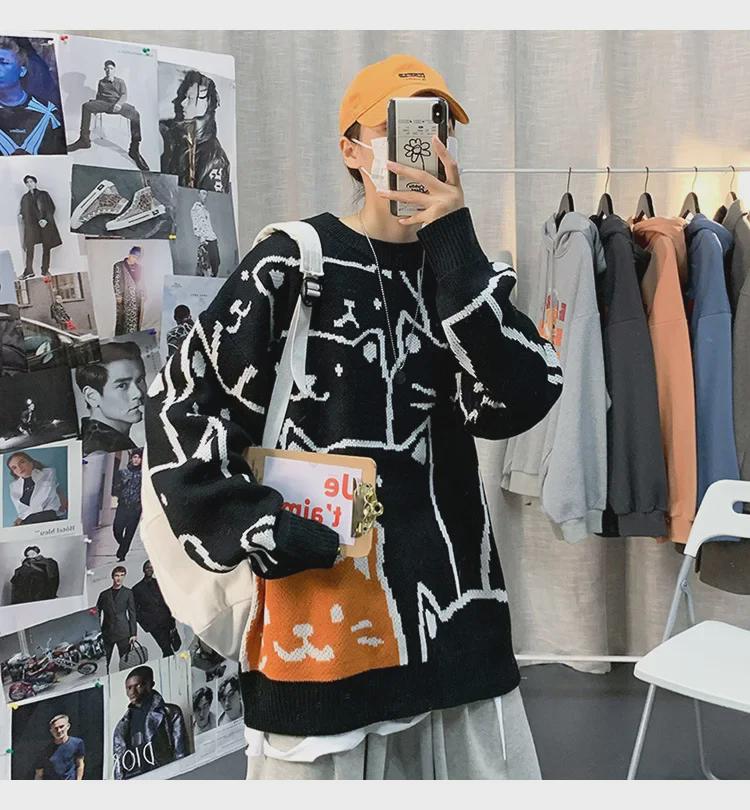 Мужской модный свитер в гонконгском стиле с рисунком - свободный крой, круглая горловина, осенне-зимняя трикотажная мода для студентов