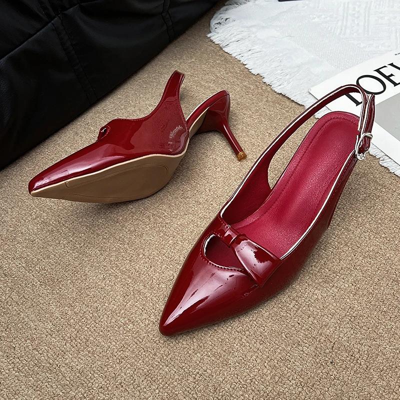 2025 Современные Офисные Женские Туфли Красные Свадебные Без задника Остроносые Украшение Бабочка Женские Босоножки на Высоком Каблуке Туфли-лодочки