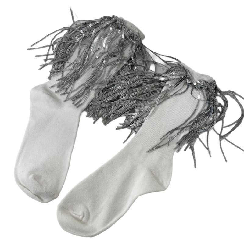 Womens Harajuku Sequins Tassels Decorative Trim Calf Sock 90s Solid Rib Middle Tube Sock Nightclub Party Stockings