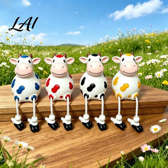 Resin Animal Statue Cow Statue Cute Shelf Sitter Figurine with Dangling Rope Legs Whimsical Courtyard Cartoon Farmhouse Ornament for Fence Railing