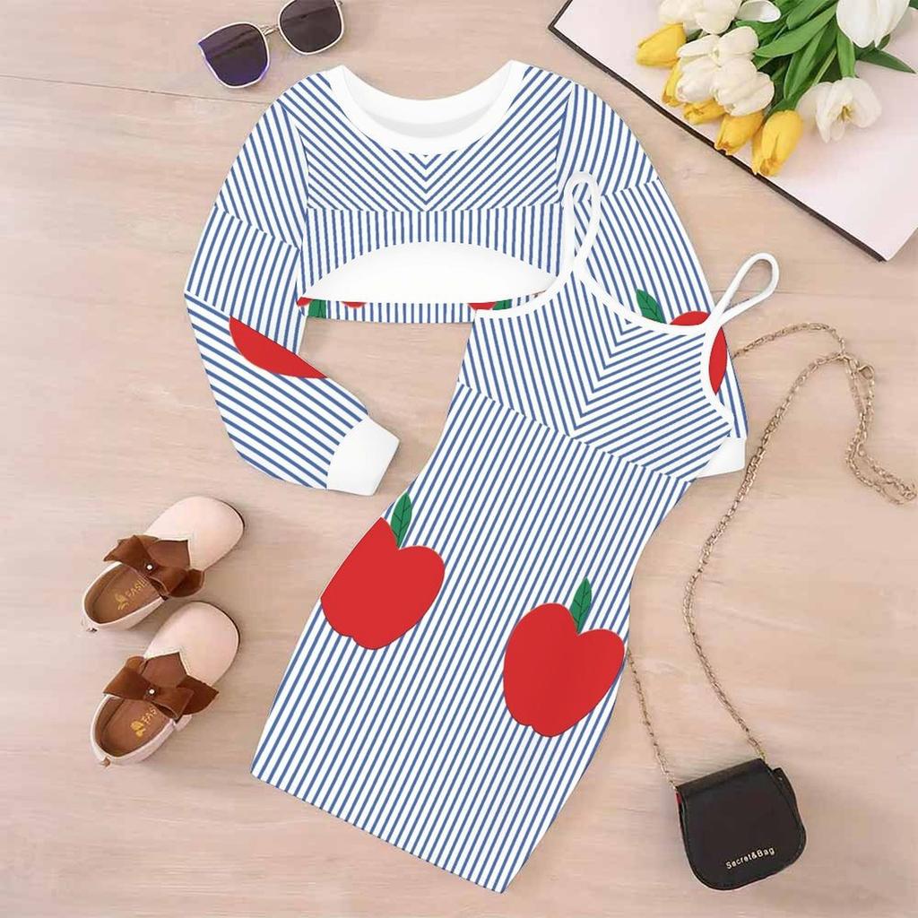 Girls Cartoon 2 Piece Outfits, Long Sleeve Crop Top + Spaghetti Strap Bodycon Dress, Fresh Green‑Tone Print Party Dress Set