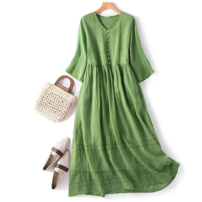 Cotton Linen Dress Women Slim Temperament Half Sleeve Loose Dresses Fashion Solid Color Casual Elegant Dress Summer Trend Thin
