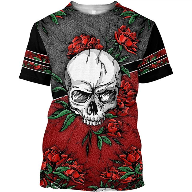 Футболка размера XXS-6XL Plus, мужская футболка с рисунком черепа и розы в стиле ретро, летняя мода, повседневные футболки с коротким рукавом, топы с 3D-принтом