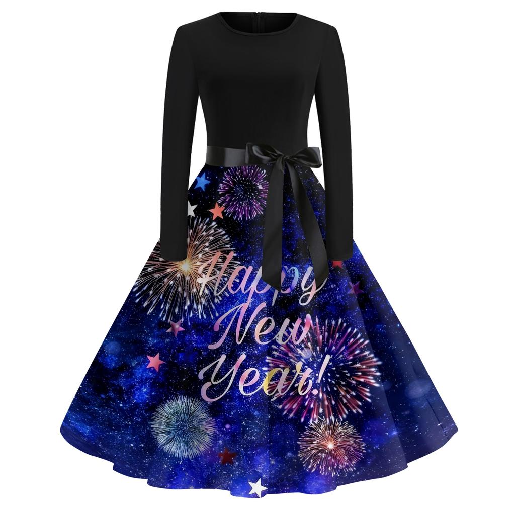 Женское повседневное модное платье с круглым вырезом и длинным рукавом с новогодним принтом в ретро-стиле