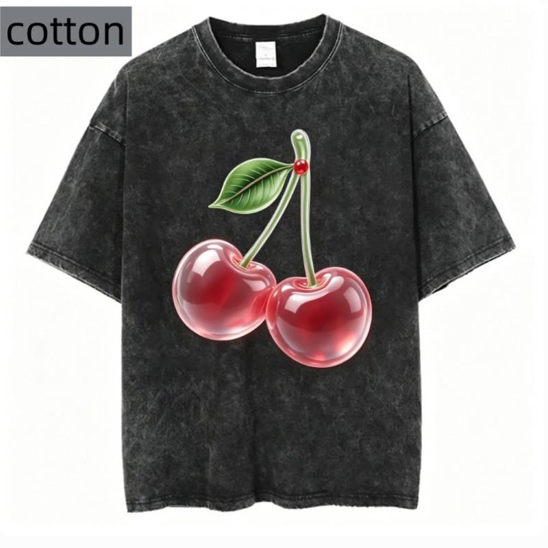 Vintage Cherry Graphic Tee Women Pure Cotton Retro Aesthetic Harajuku Streetwear Style Summer Casual Fashionable Daily Top