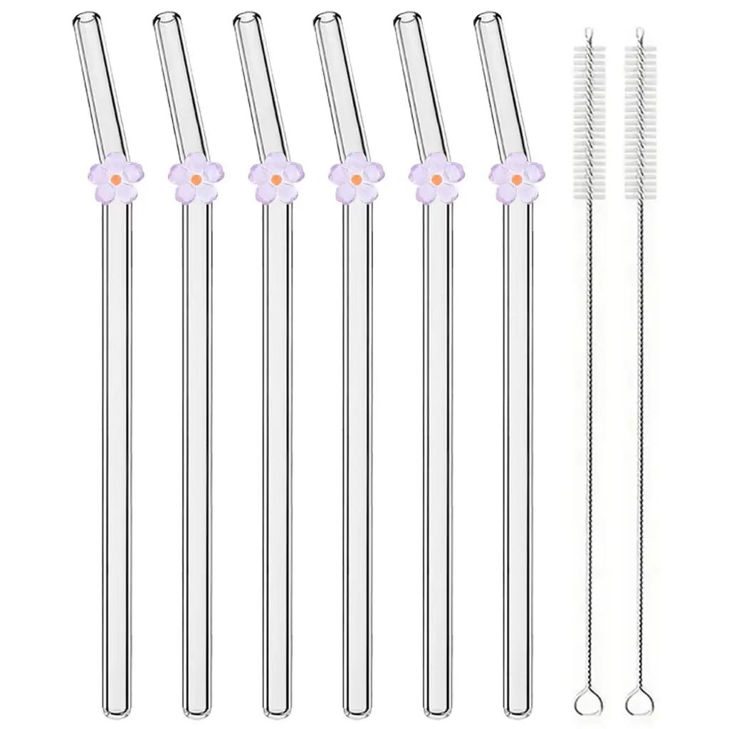 6pcs Flower Drinking Straw Set High Borosilicate Glass Bent Straws Set with Brush Milk Shake Coffee Cocktail Straw Bar Drinkware