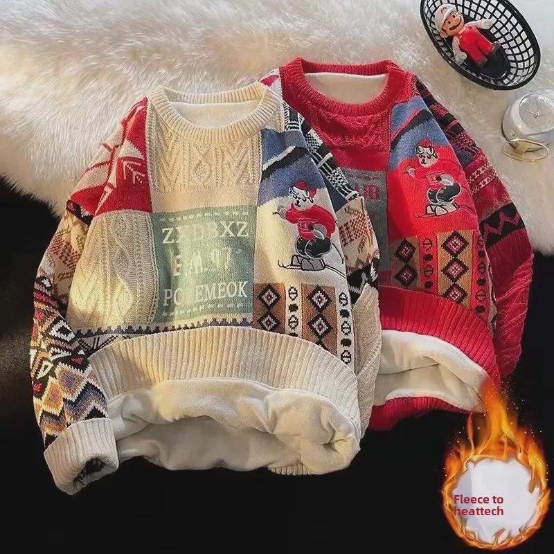 Модный новогодний красный рождественский свитер: Плюс бархатное утолщенное трикотажное пальто