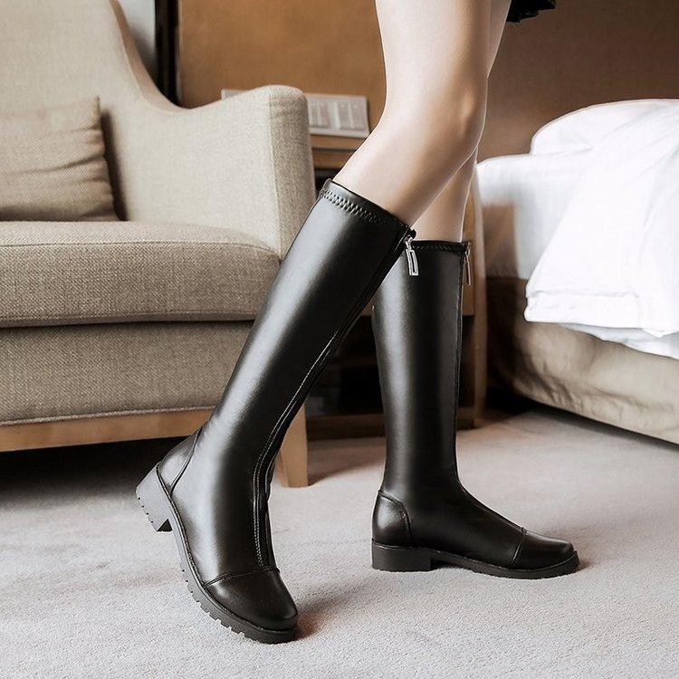 Женские Высокие Сапоги 2026 Осень/Зима Новый Стиль Толстая Передняя Молния Эластичные Высокие Сапоги Высокий Голенище Рыцарские Сапоги Женские