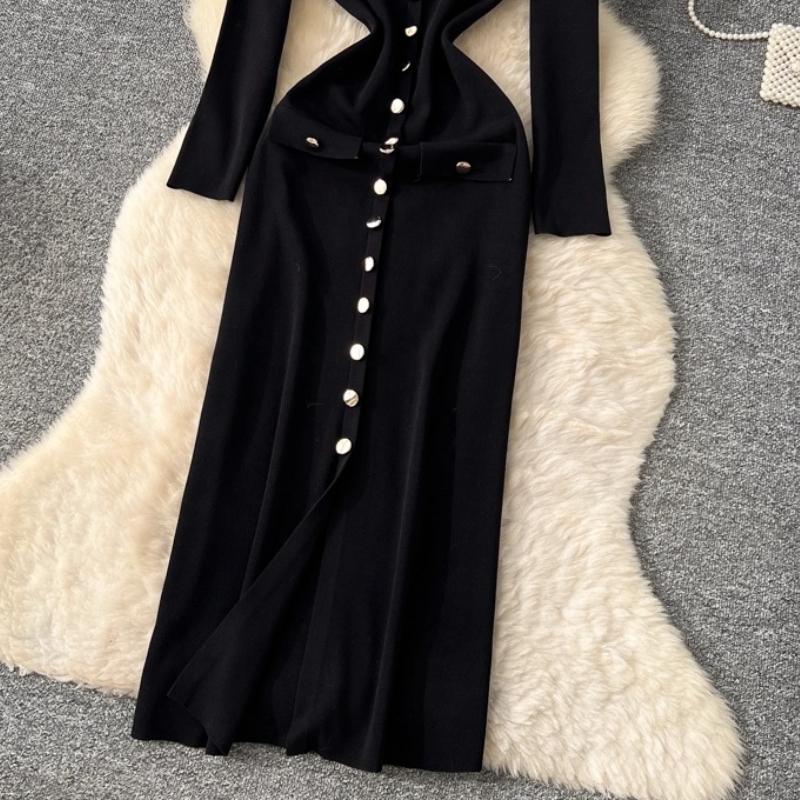 Осень Зима Женские Повседневные Платья Пуловеры Миди Длины с Круглым Вырезом и Полным Рукавом