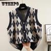 Весенне-осенний клетчатый вязаный жилет в стиле ретро с v-образным вырезом в студенческом стиле, женский свободный верхний свитер без рукавов, женский жилет-свитер