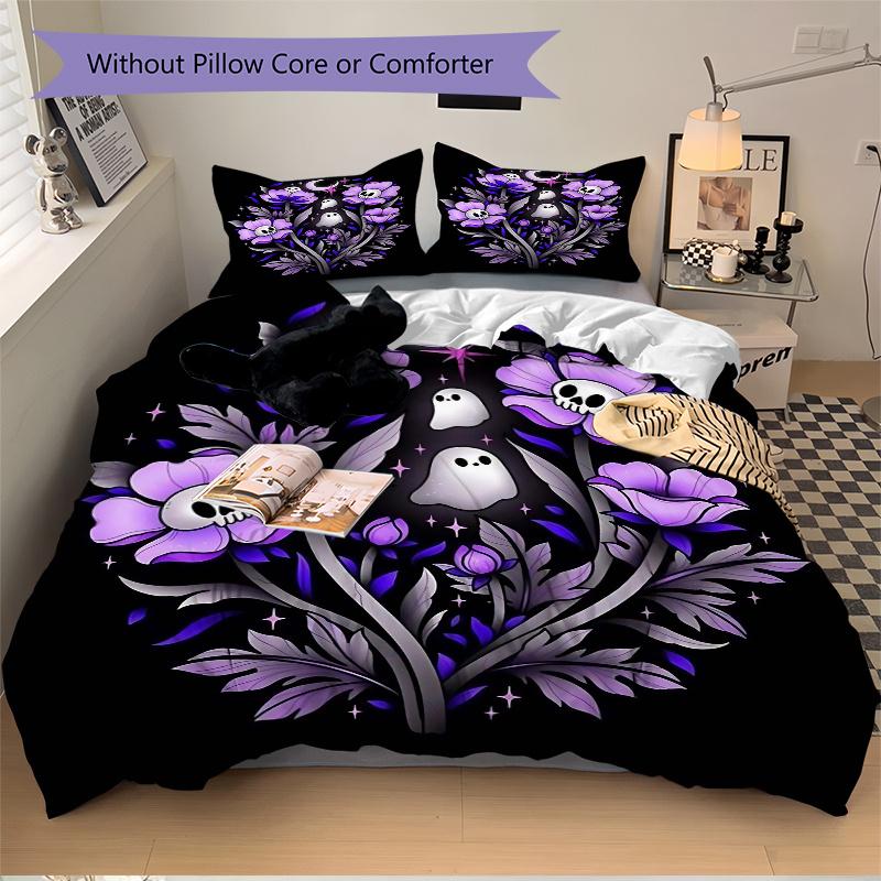 3pcs Skeleton Ghost Flower Printed Bedding Set, Soft and Comfortable Quilt Cover for Bedroom, Guest Room (1 Duvet Cover + 2 Pillowcases, Pil