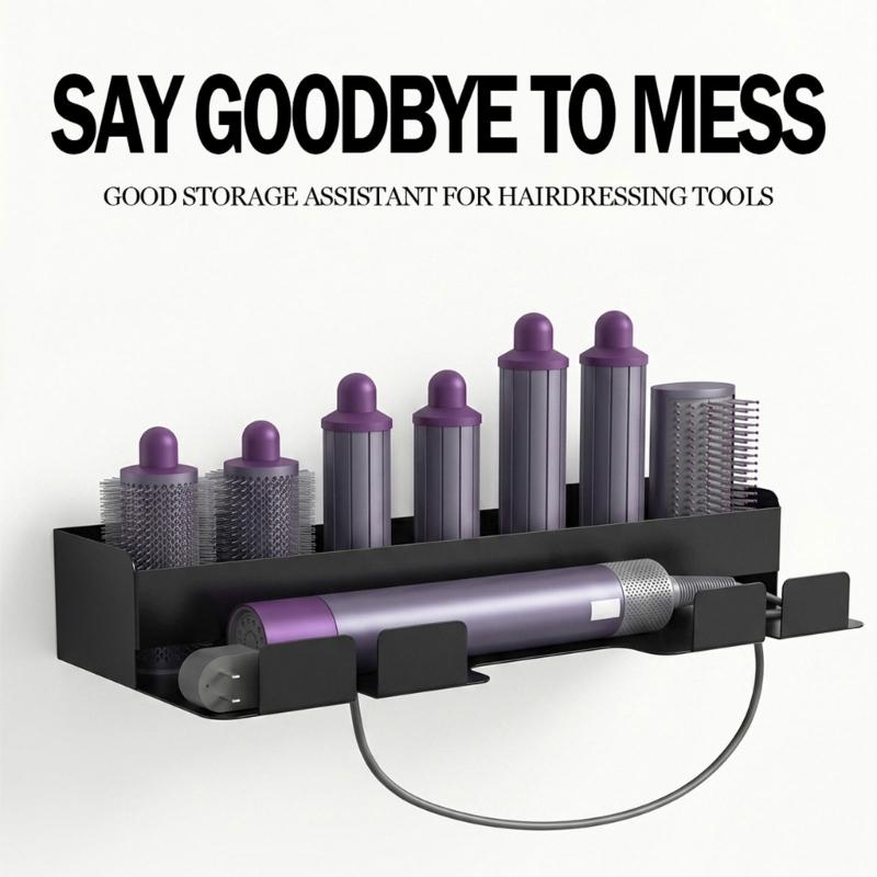 Adhesive-Mounted Hair Dryer and Curling Iron Holder with Open Wall Storage and Front Cord Retainers for Dressing Spaces