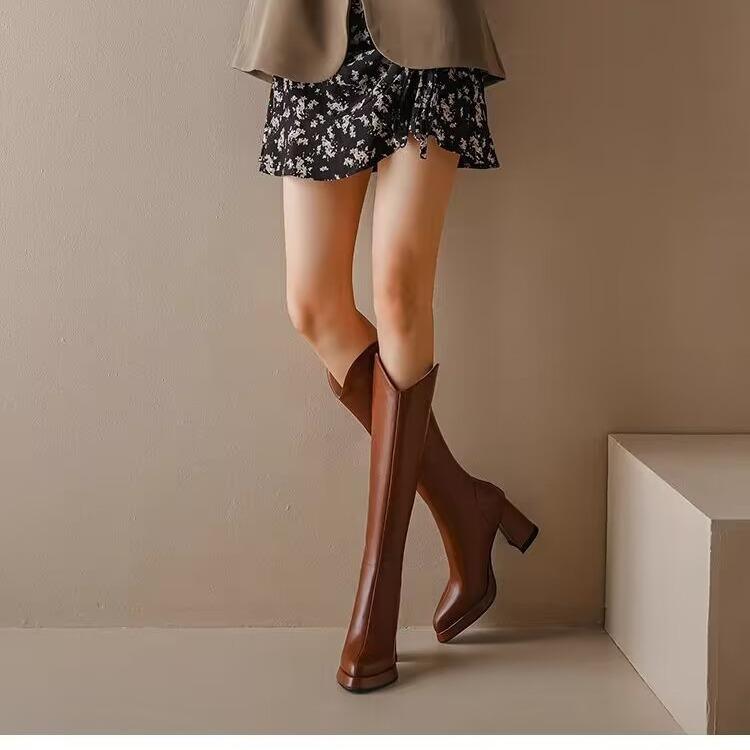 Обувь для женщин, модные, с острым носком, на толстом каблуке, женские, до колена, сапоги, зимние, теплые, коричневые, длинные сапоги