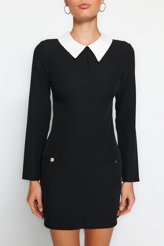 Женское платье, модное черное тканое платье нового сезона с детальным воротником