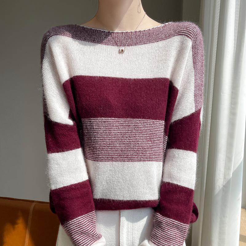 Autumn/Winter Wool Color Block Wide Stripe One-Shoulder Pullover Sweater