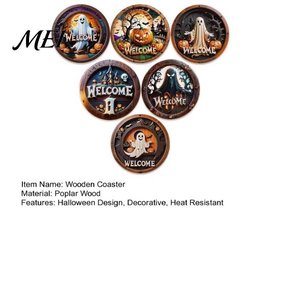 Artistic Wooden Coaster Set 6Pcs/Set Halloween Coasters, Retro Pumpkin Ghost Drink Decorative Coffee Bar Accessories Round Heat Insulation Pads