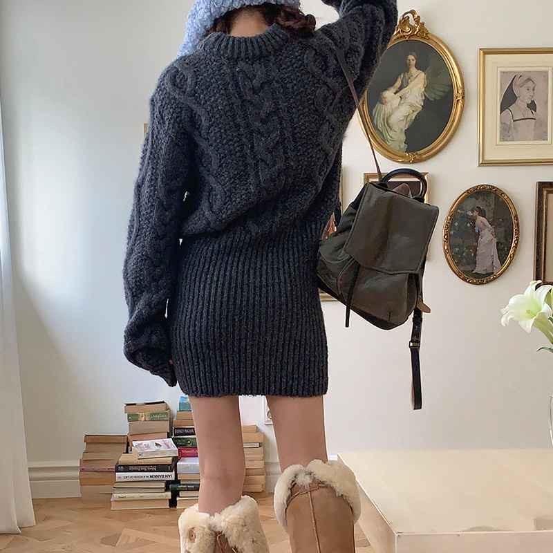 Осень Зима Твист Элегантное Женское Вязаное Платье-Свитер Ретро Повседневное Свободное С Длинным Рукавом О Круглым Вырезом Пуловер Короткие Платья Офис Новая Приталенная Одежда