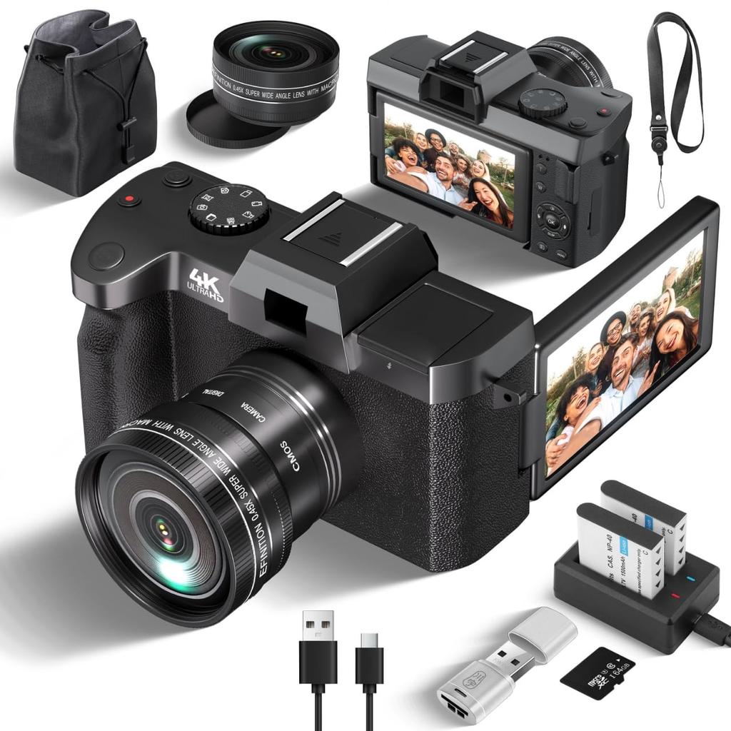 Fsjun 4K 48MP Digital Camera with 180-Degree Flip Screen and 32GB microSD Card